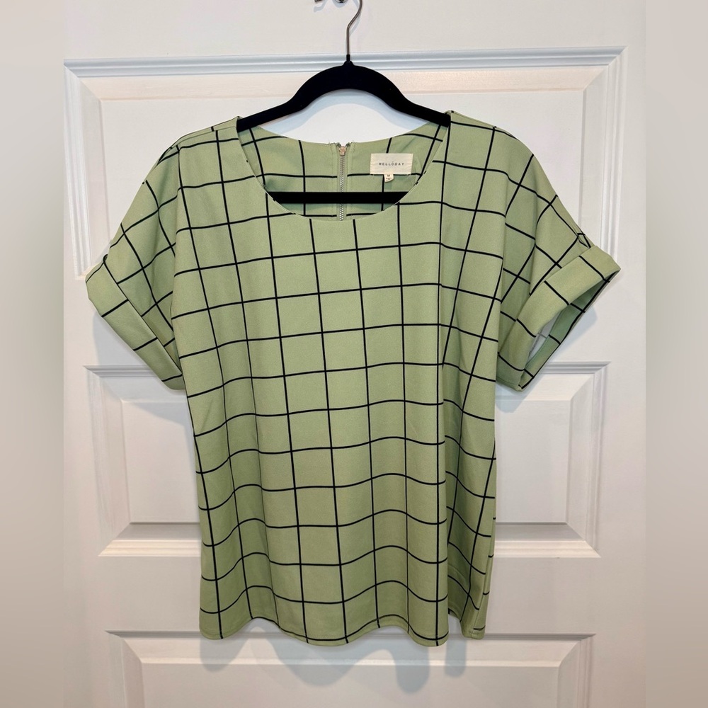 MELLODAY Sage Windowpane Grid Print Women's Blouse